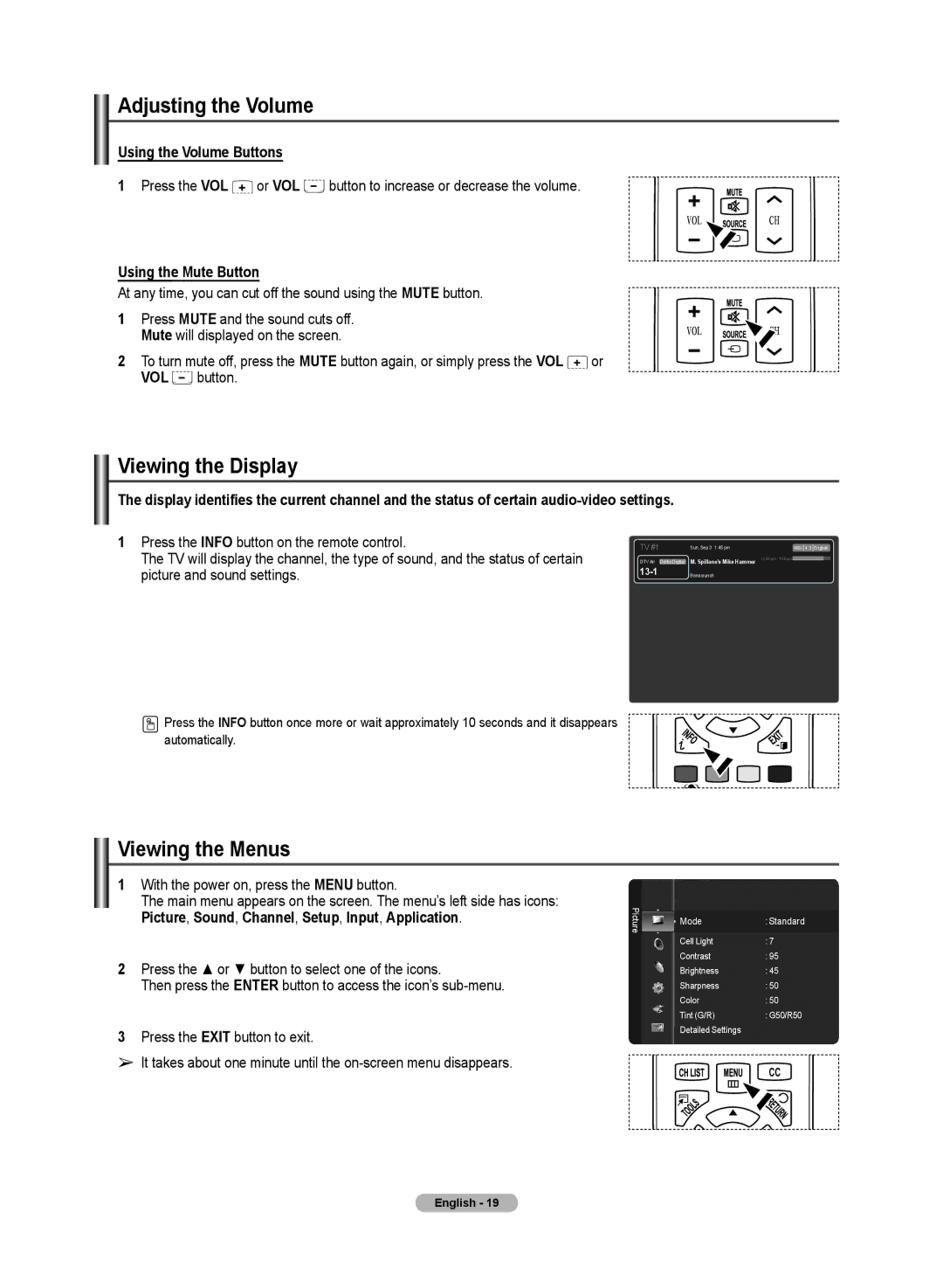 Samsung PN50A50SF user manual Adjusting the Volume, Viewing the Display, Viewing the Menus, Using the Volume Buttons 