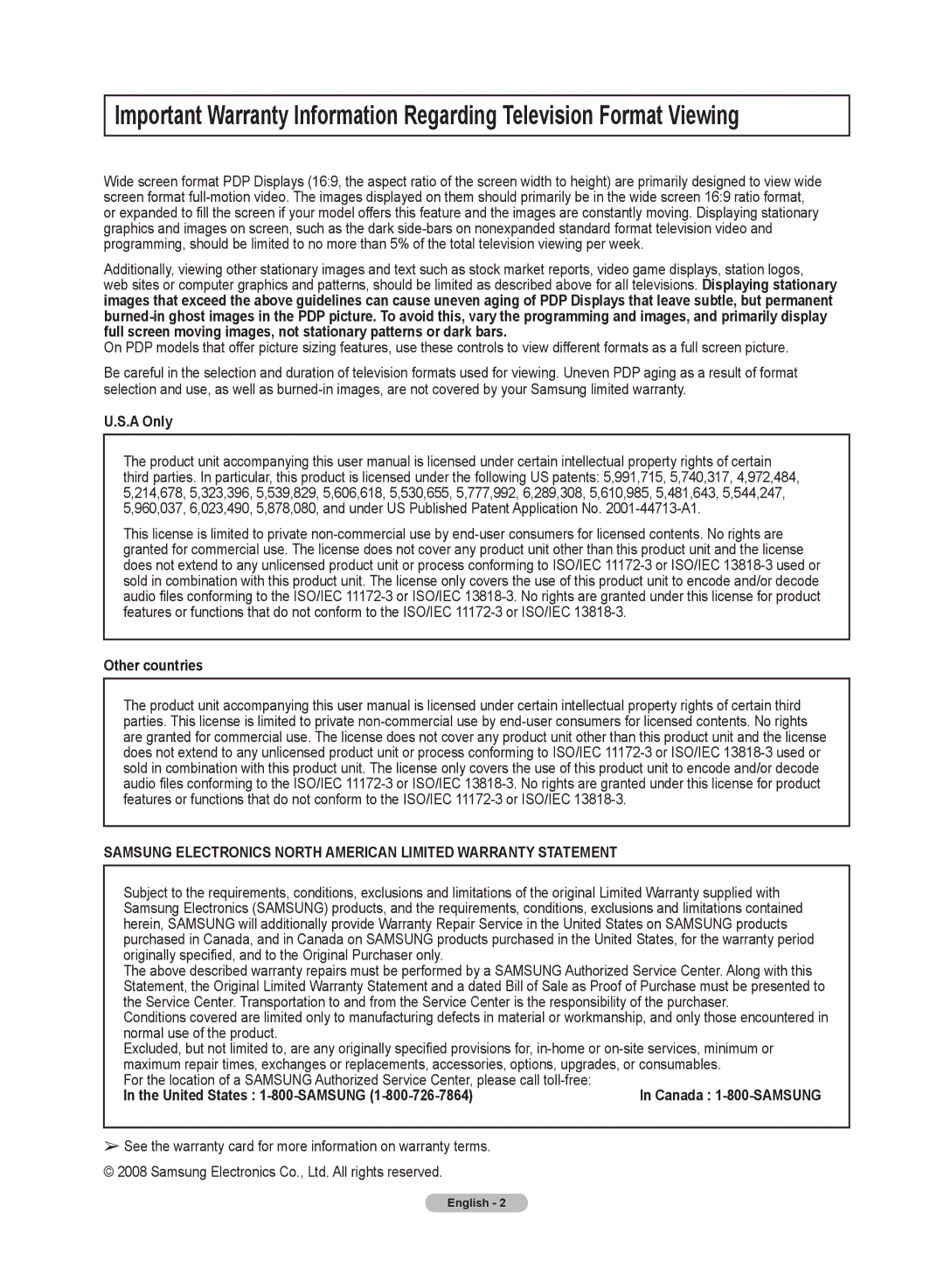 Samsung PN50A50SF user manual A Only, Other countries, United States 1-800-SAMSUNG 