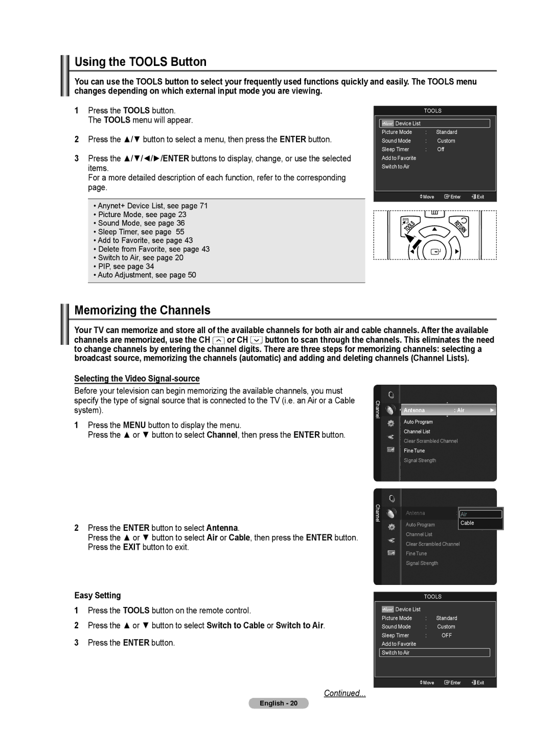 Samsung PN50A50SF Using the Tools Button, Memorizing the Channels, Selecting the Video Signal-source, Easy Setting 