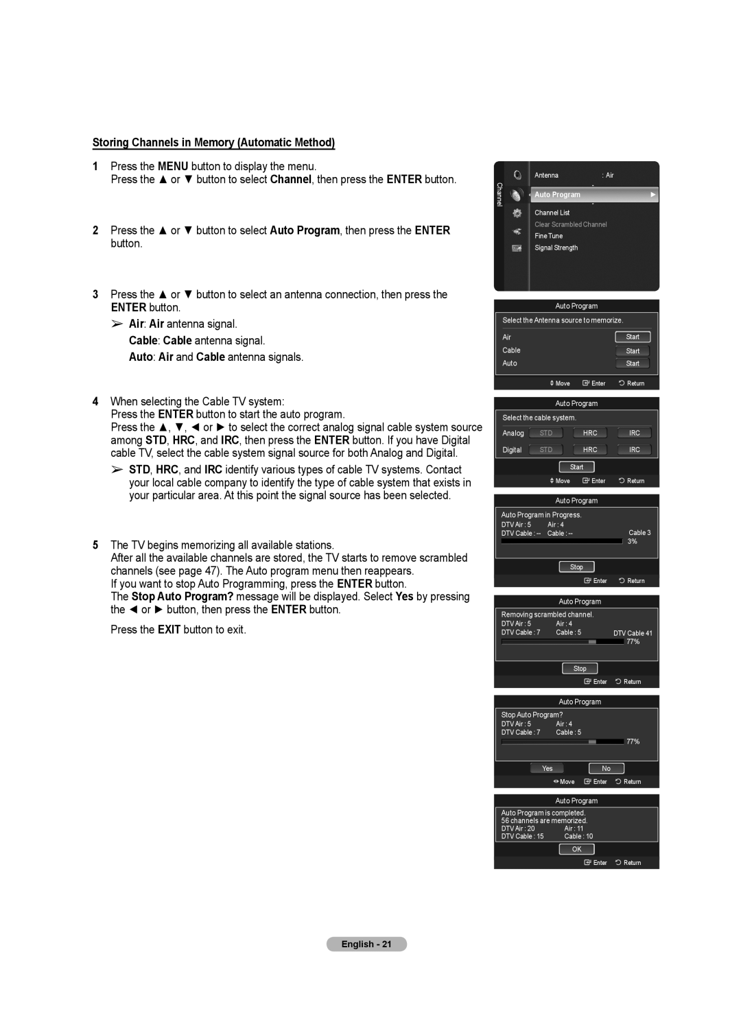 Samsung PN50A50SF Storing Channels in Memory Automatic Method, TV begins memorizing all available stations, Auto Program 