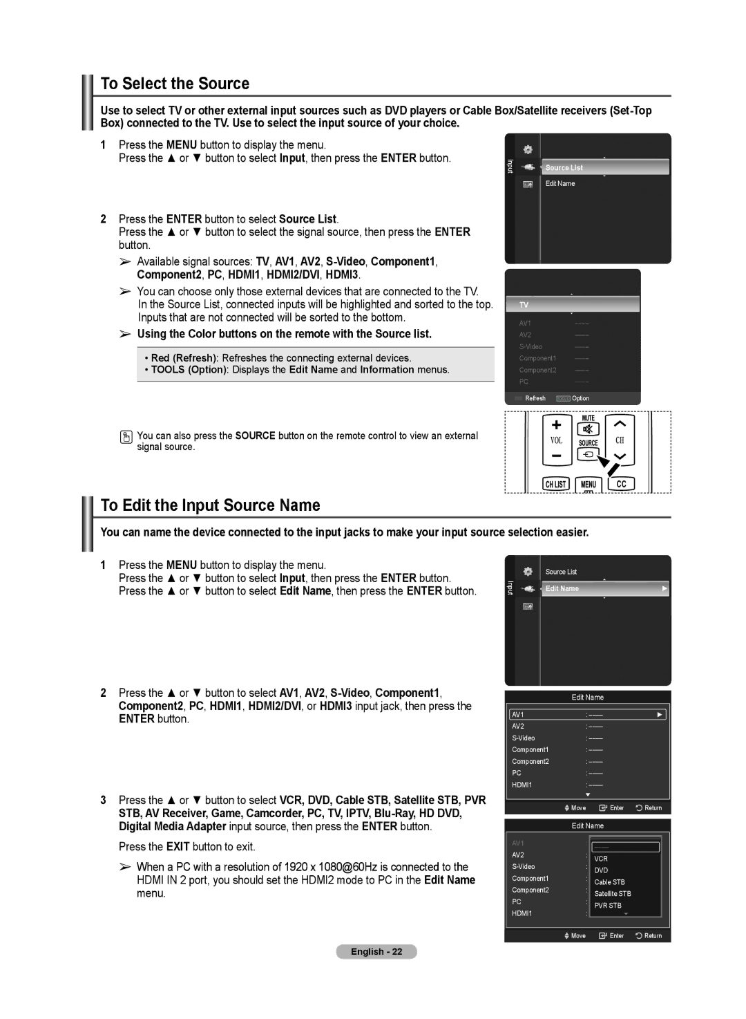 Samsung PN50A50SF user manual To Select the Source, To Edit the Input Source Name, Component2, PC, HDMI1, HDMI2/DVI, HDMI3 