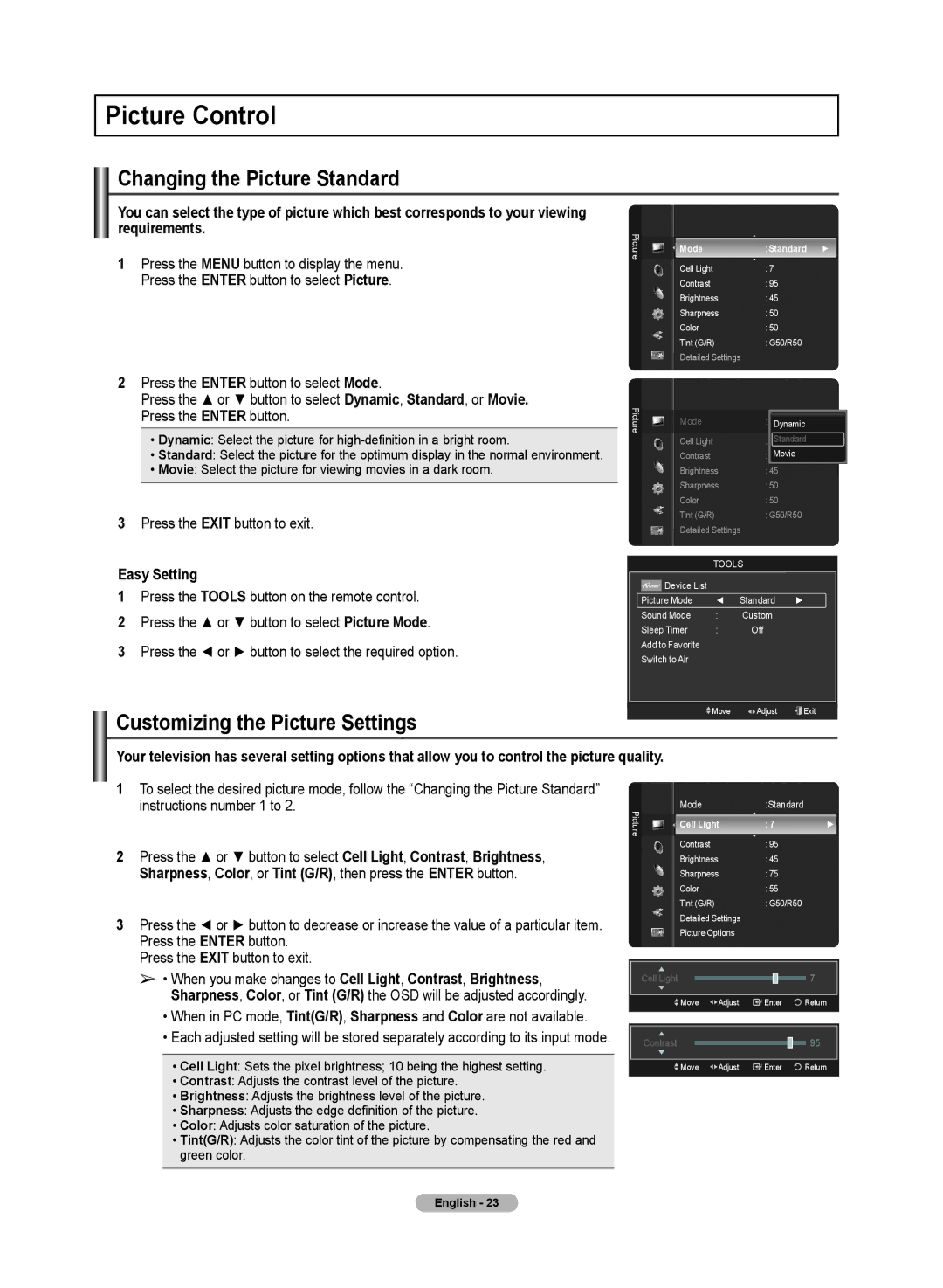 Samsung PN50A50SF Picture Control, Changing the Picture Standard, Customizing the Picture Settings, Mode Standard 