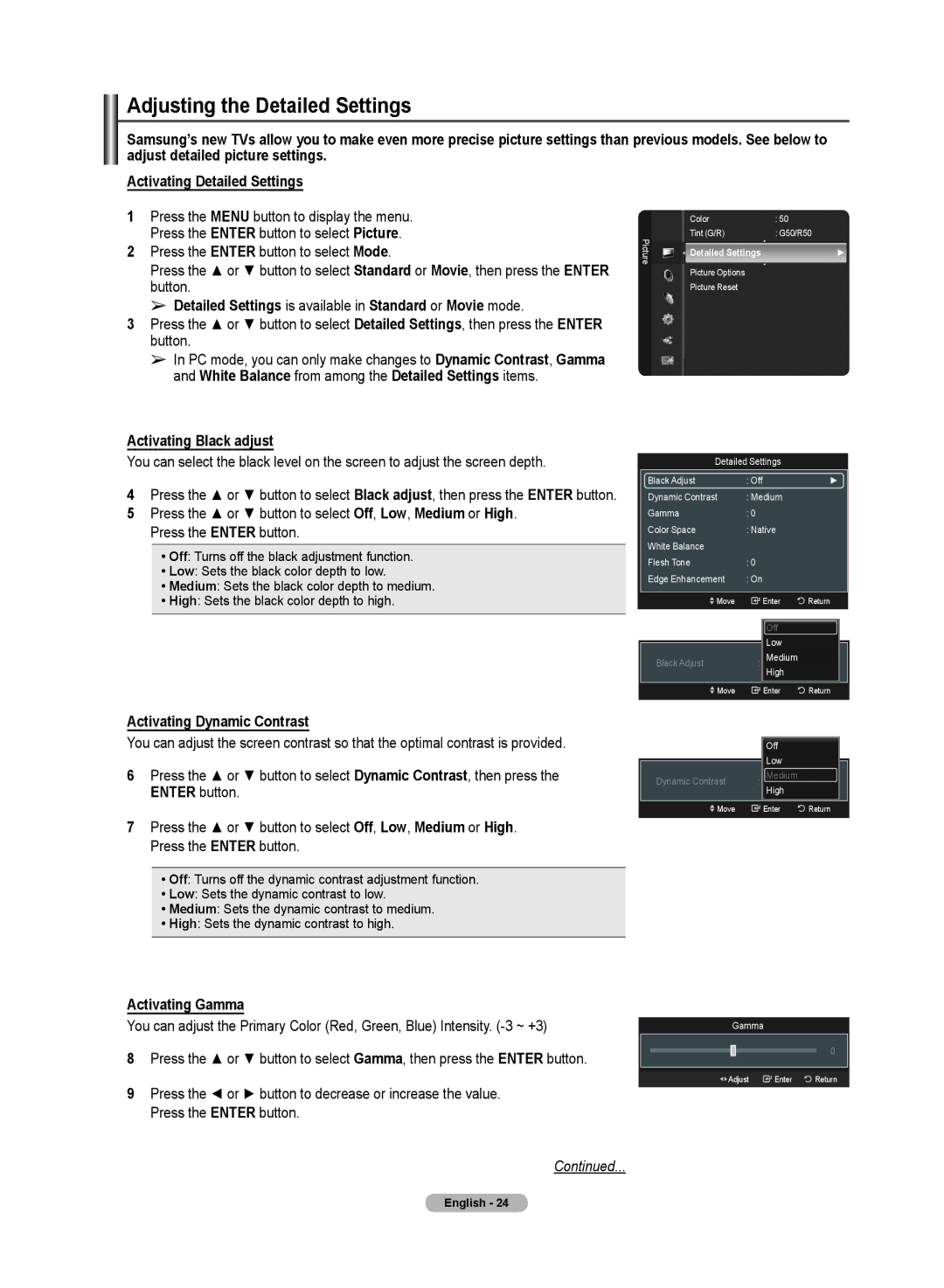 Samsung PN50A50SF user manual Adjusting the Detailed Settings, Detailed Settings is available in Standard or Movie mode 