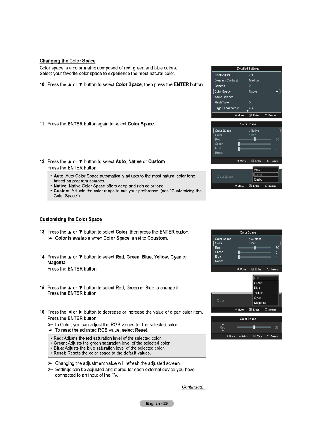 Samsung PN50A50SF user manual Changing the Color Space, Customizing the Color Space 