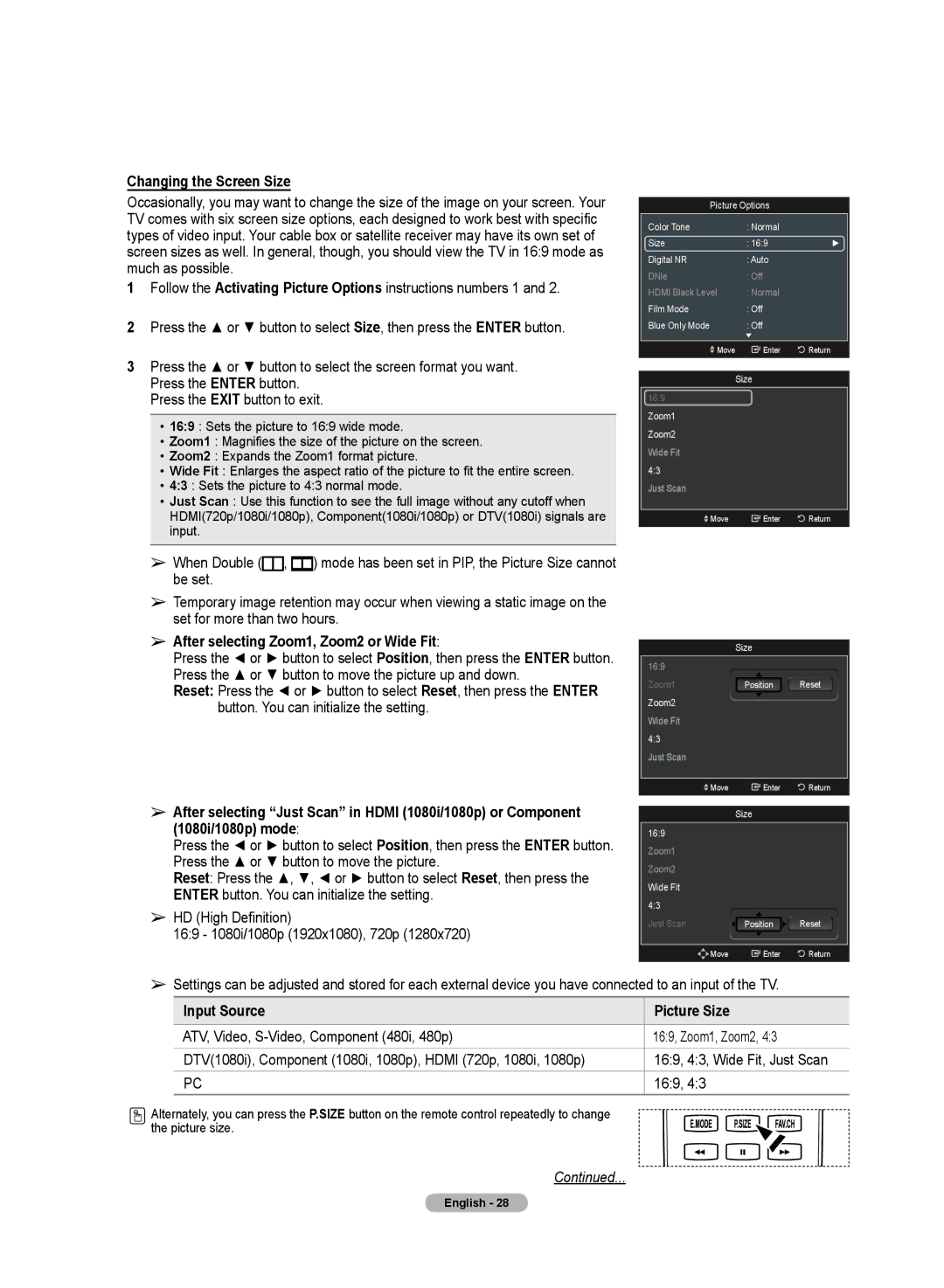 Samsung PN50A50SF user manual Changing the Screen Size, After selecting Zoom1, Zoom2 or Wide Fit, Input Source Picture Size 