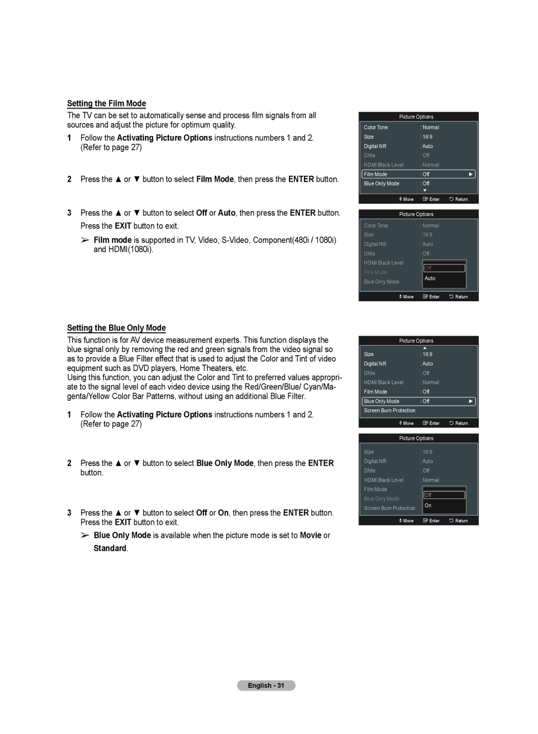 Samsung PN50A50SF user manual Setting the Film Mode, Setting the Blue Only Mode 