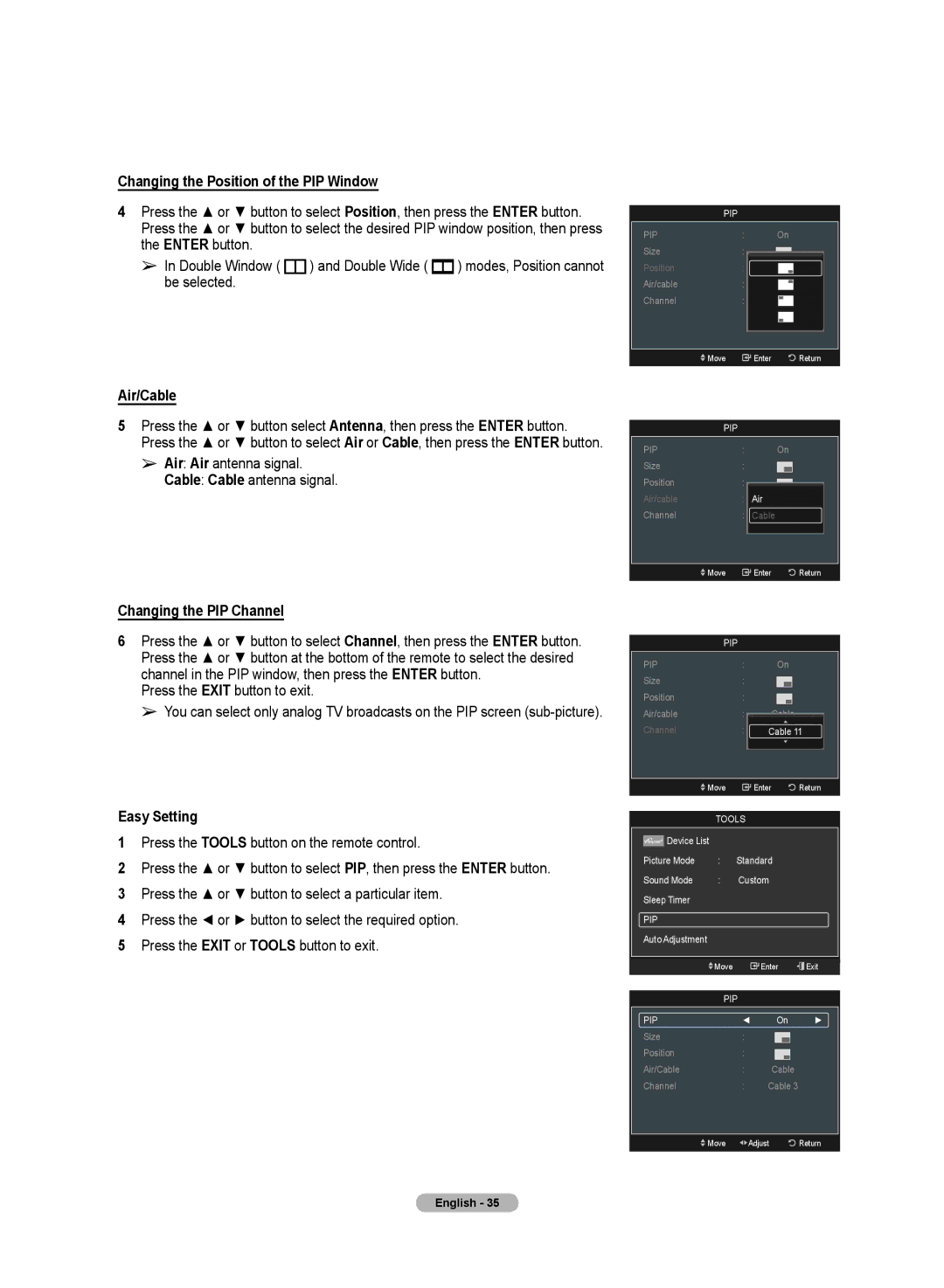Samsung PN50A50SF Changing the Position of the PIP Window, Air/Cable, Air Air antenna signal Cable Cable antenna signal 