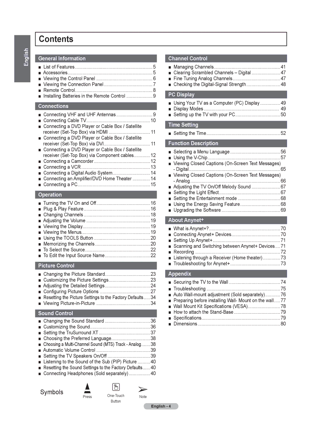 Samsung PN50A50SF user manual Contents 