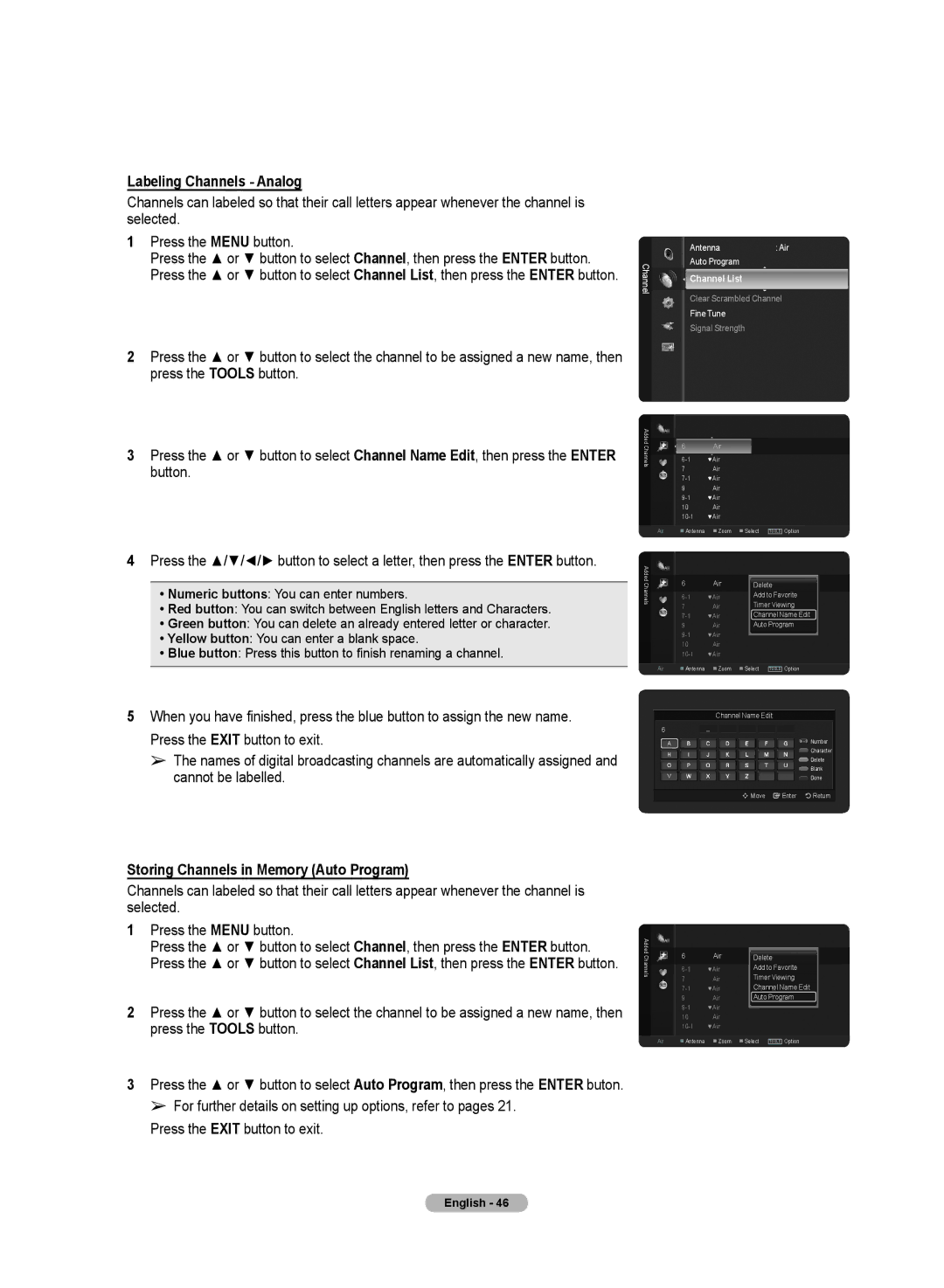 Samsung PN50A50SF user manual Labeling Channels Analog, Storing Channels in Memory Auto Program 