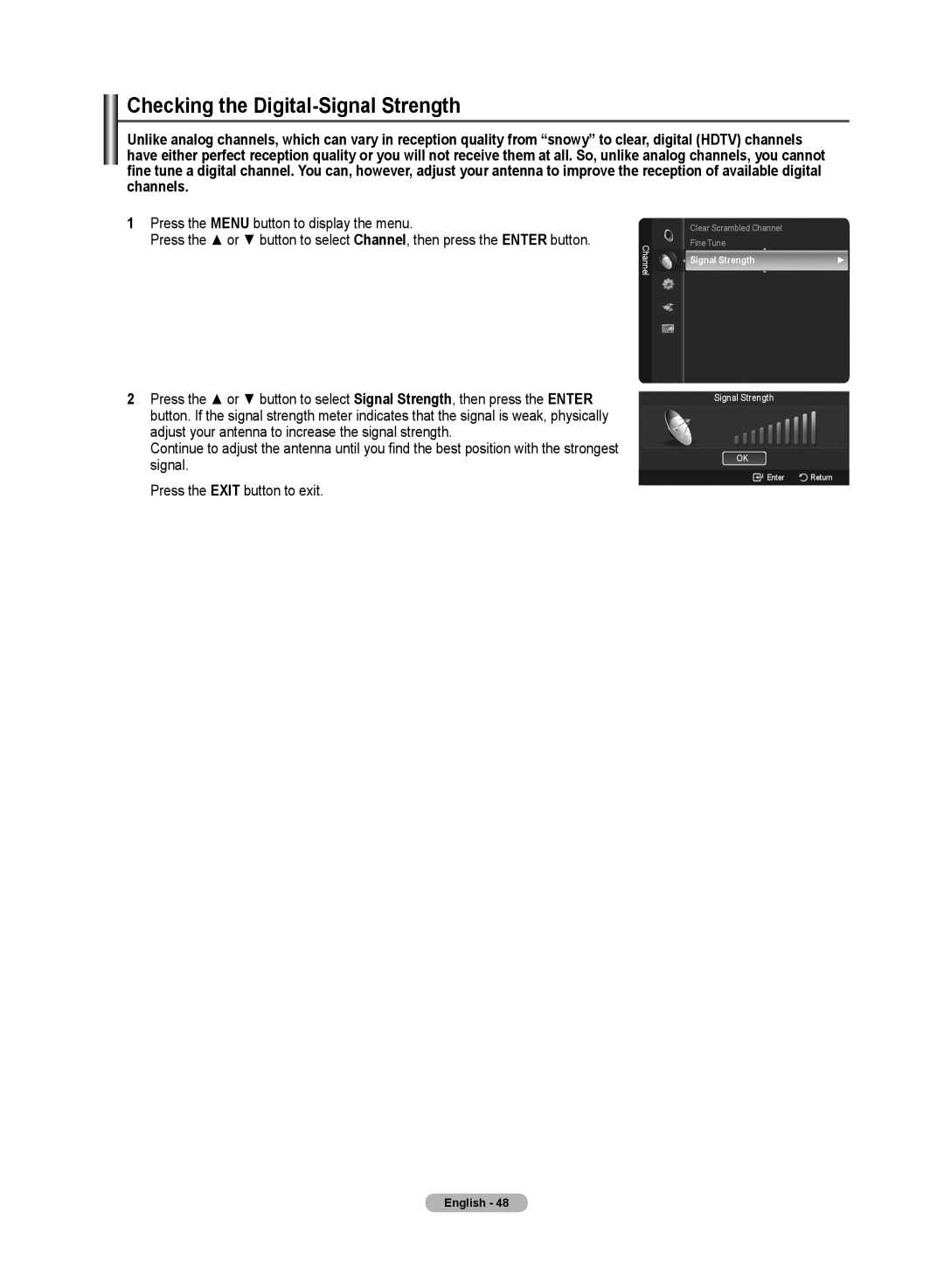 Samsung PN50A50SF user manual Checking the Digital-Signal Strength 