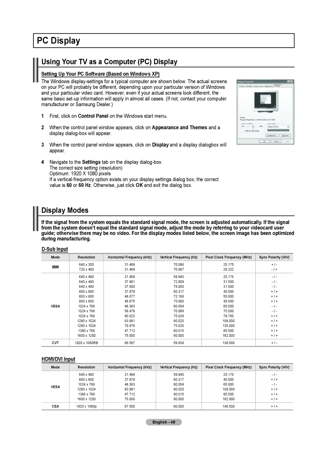 Samsung PN50A50SF user manual Using Your TV as a Computer PC Display, Display Modes, HDMI/DVI Input 