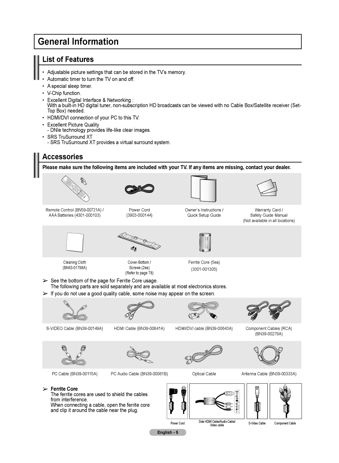 Samsung PN50A50SF user manual General Information, List of Features, Accessories, Ferrite Core 