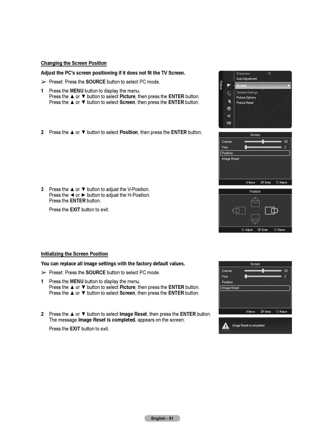 Samsung PN50A50SF user manual Image Reset is completed 