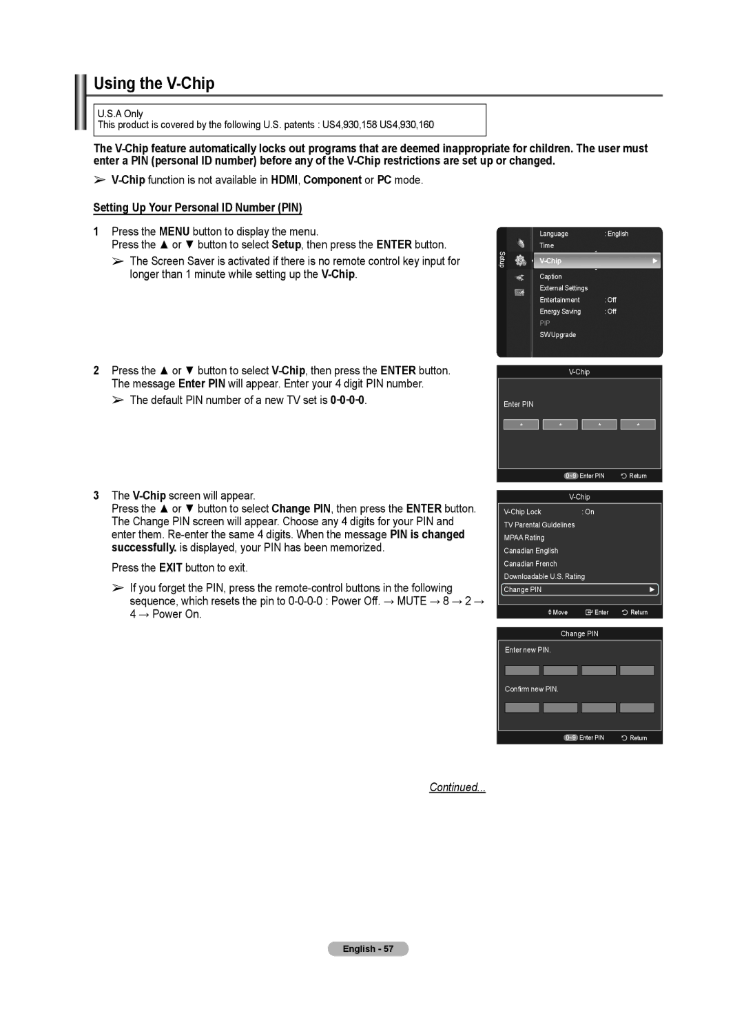 Samsung PN50A50SF user manual Using the V-Chip, Chipfunction is not available in HDMI, Component or PC mode 