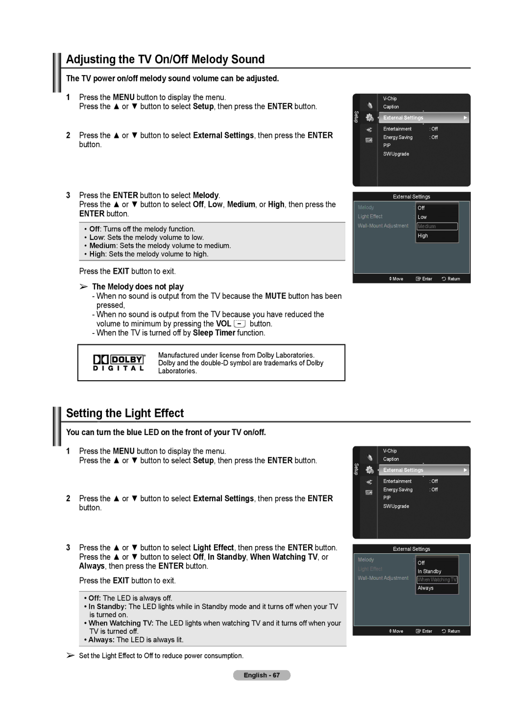 Samsung PN50A50SF user manual Adjusting the TV On/Off Melody Sound, Setting the Light Effect, Melody does not play 