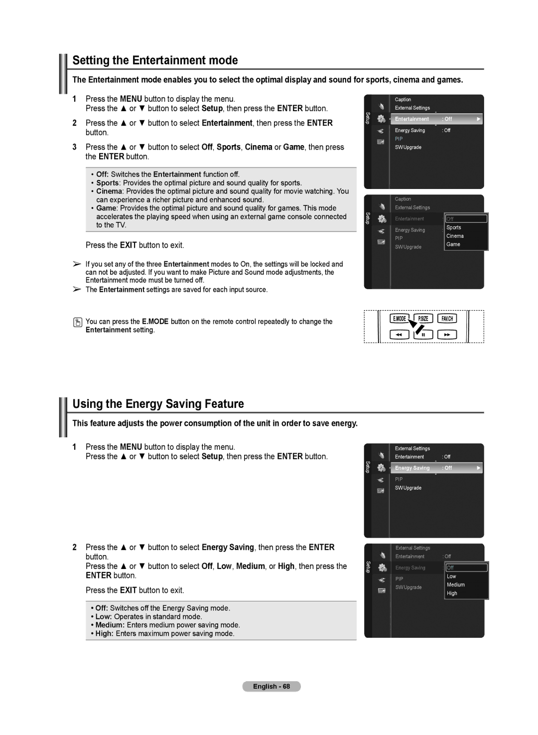 Samsung PN50A50SF user manual Setting the Entertainment mode, Using the Energy Saving Feature, Button, Enter button 