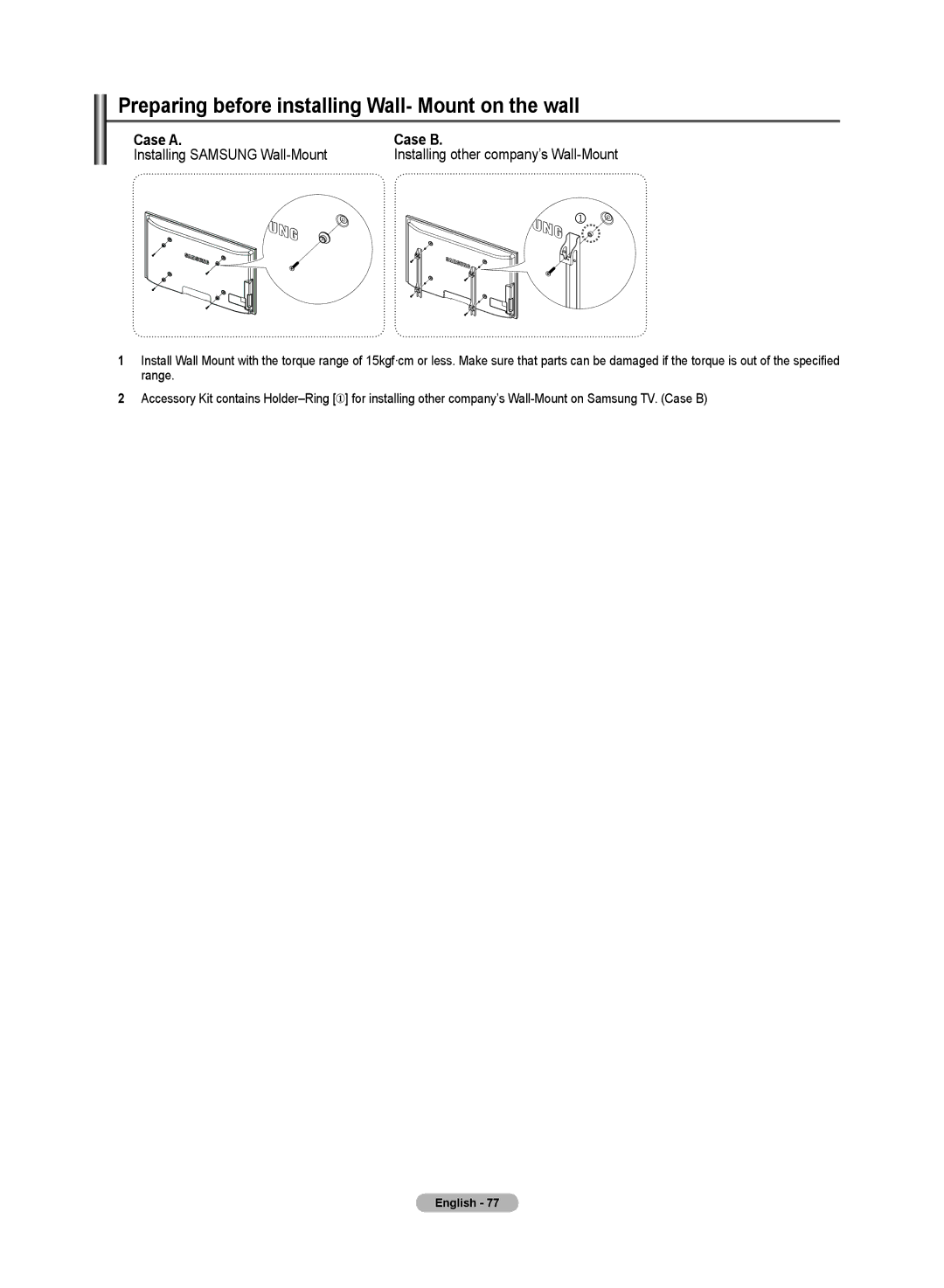 Samsung PN50A50SF Preparing before installing Wall- Mount on the wall, Case a Case B, Installing Samsung Wall-Mount 