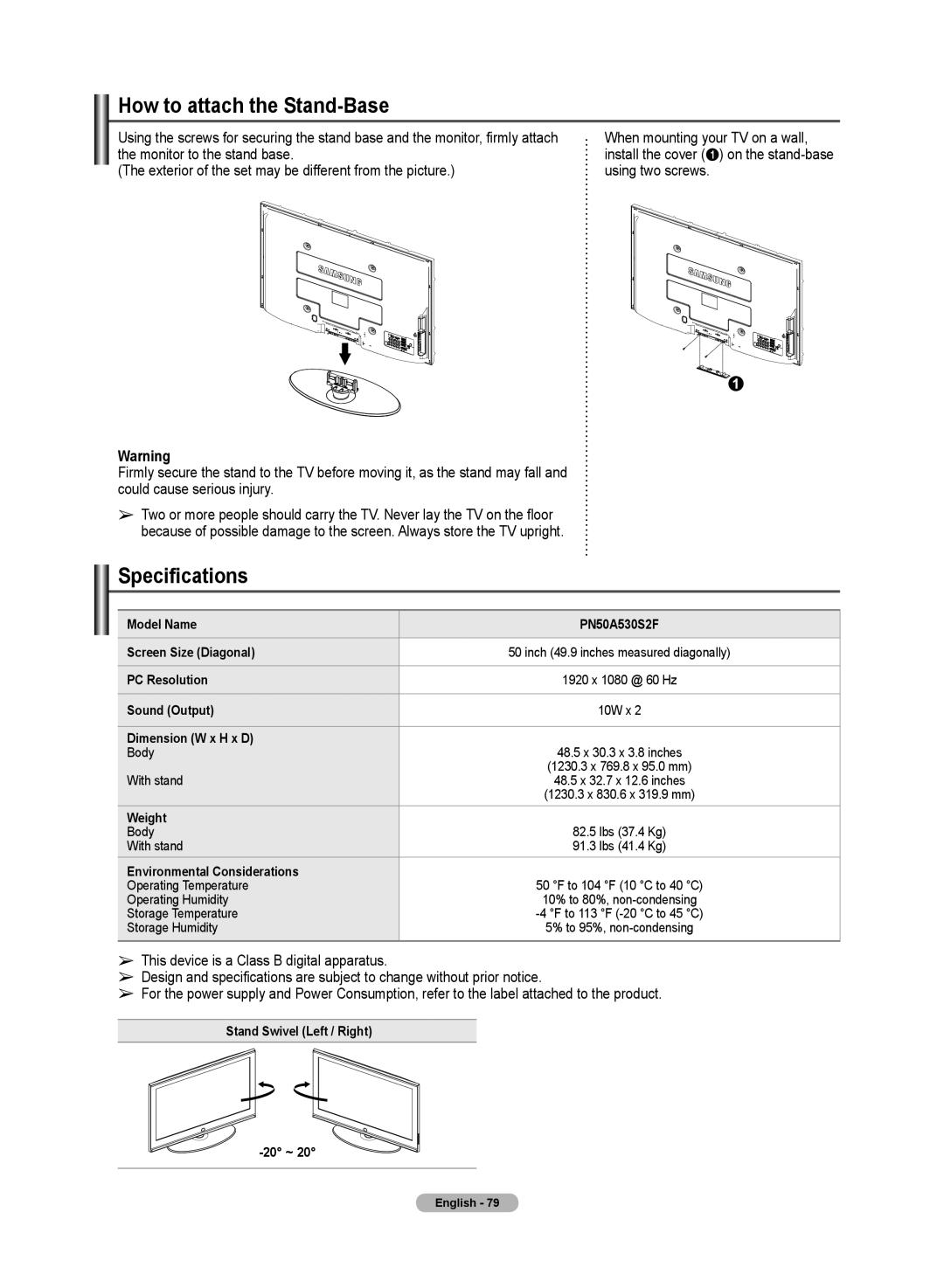 Samsung PN50A50SF user manual How to attach the Stand-Base, Specifications 