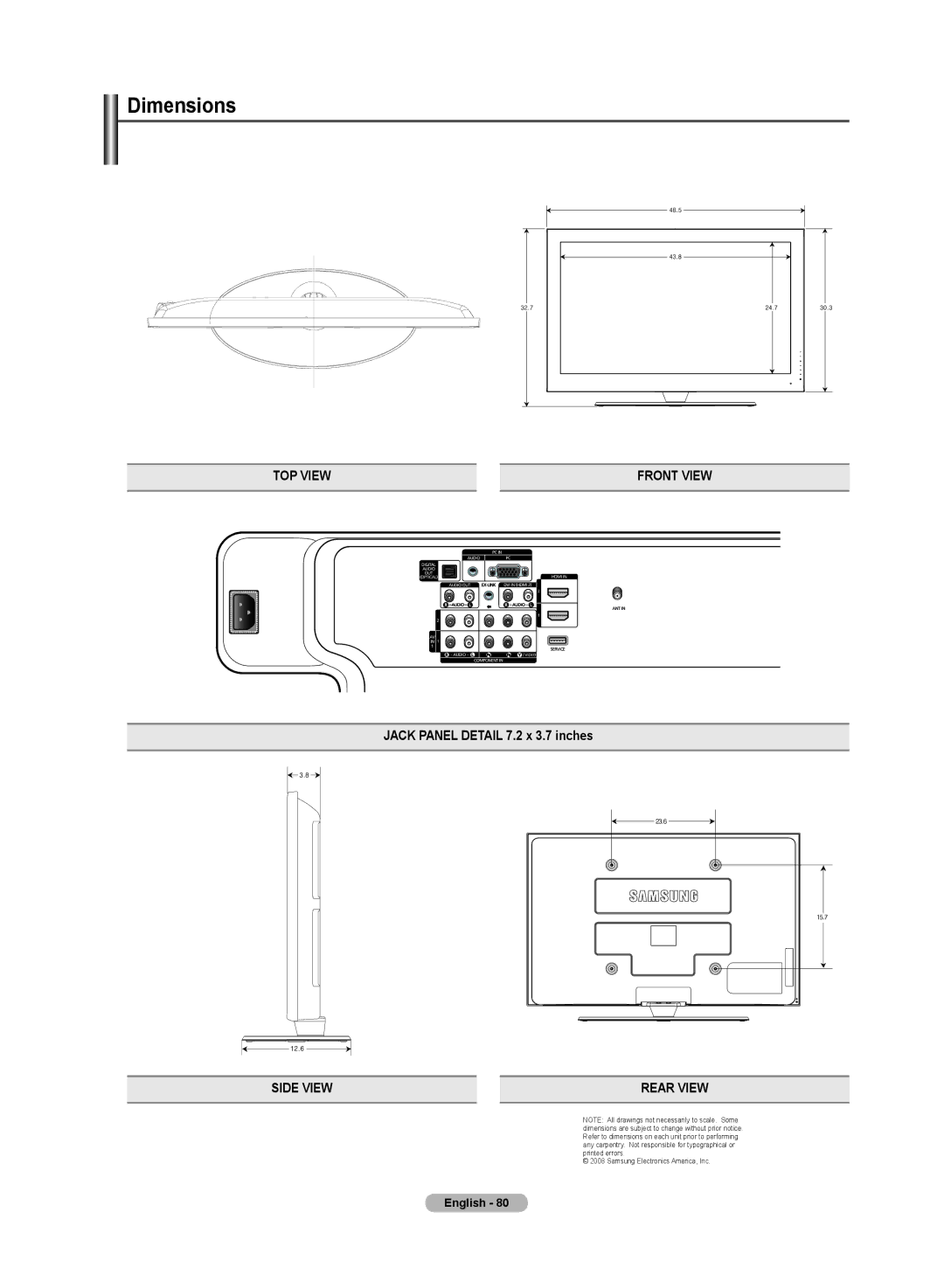 Samsung PN50A50SF user manual Dimensions, Jack Panel Detail 7.2 x 3.7 inches 