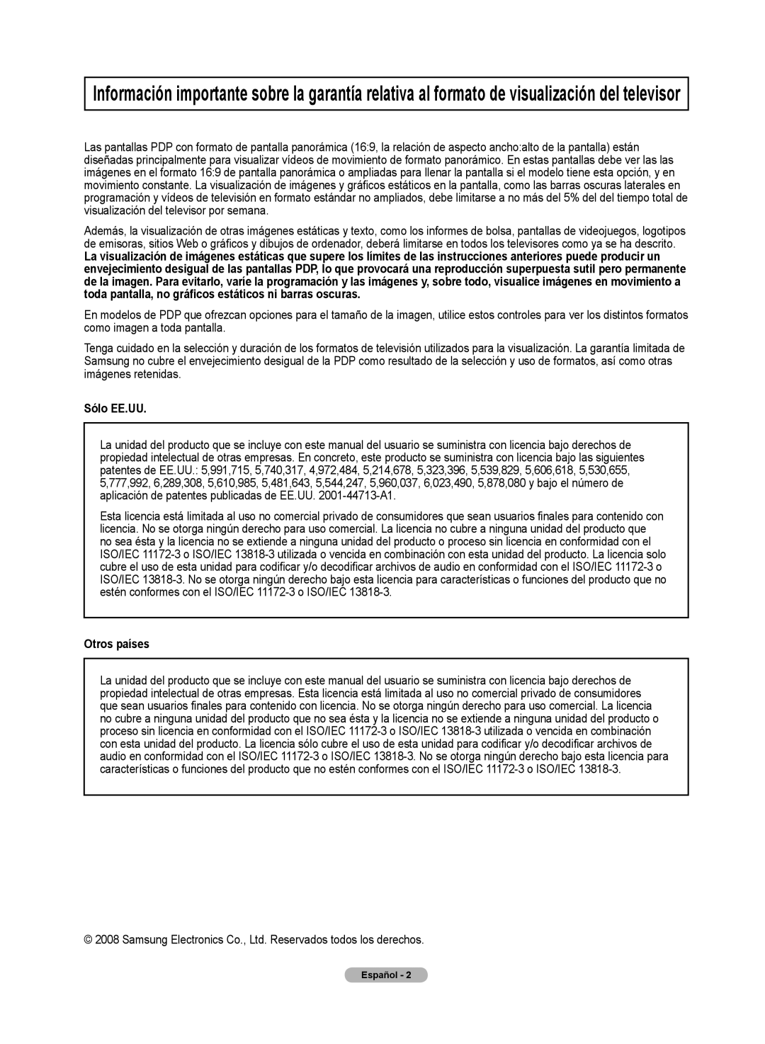 Samsung PN50A50SF user manual Sólo EE.UU, Otros países 