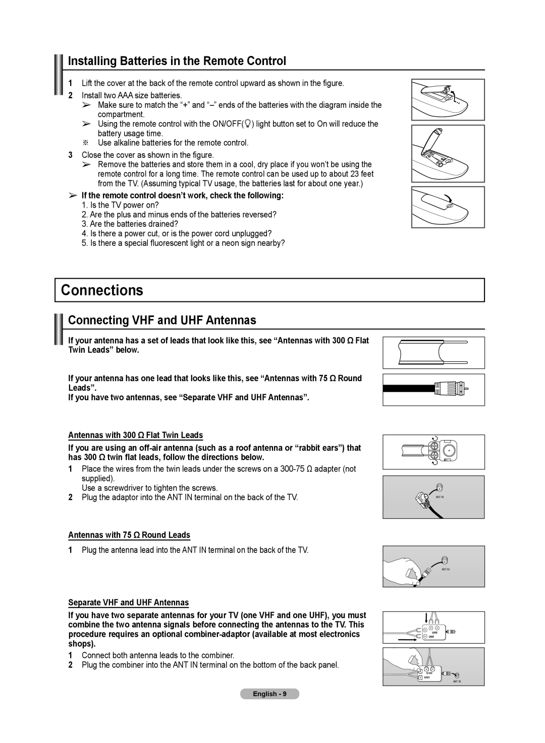 Samsung PN50A50SF user manual Connections, Installing Batteries in the Remote Control, Connecting VHF and UHF Antennas 