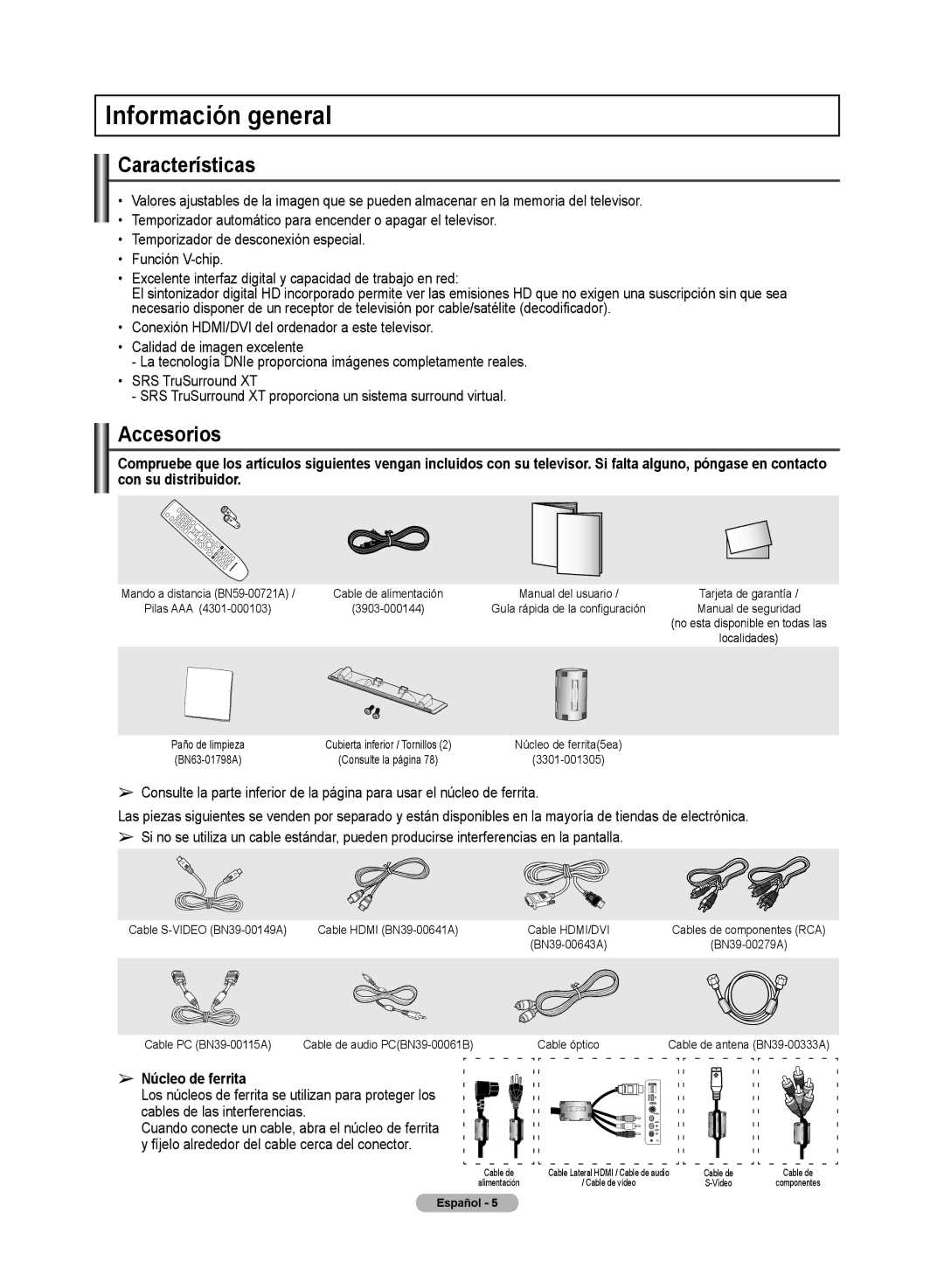 Samsung PN50A50SF user manual Información general, Características, Accesorios, Núcleo de ferrita 