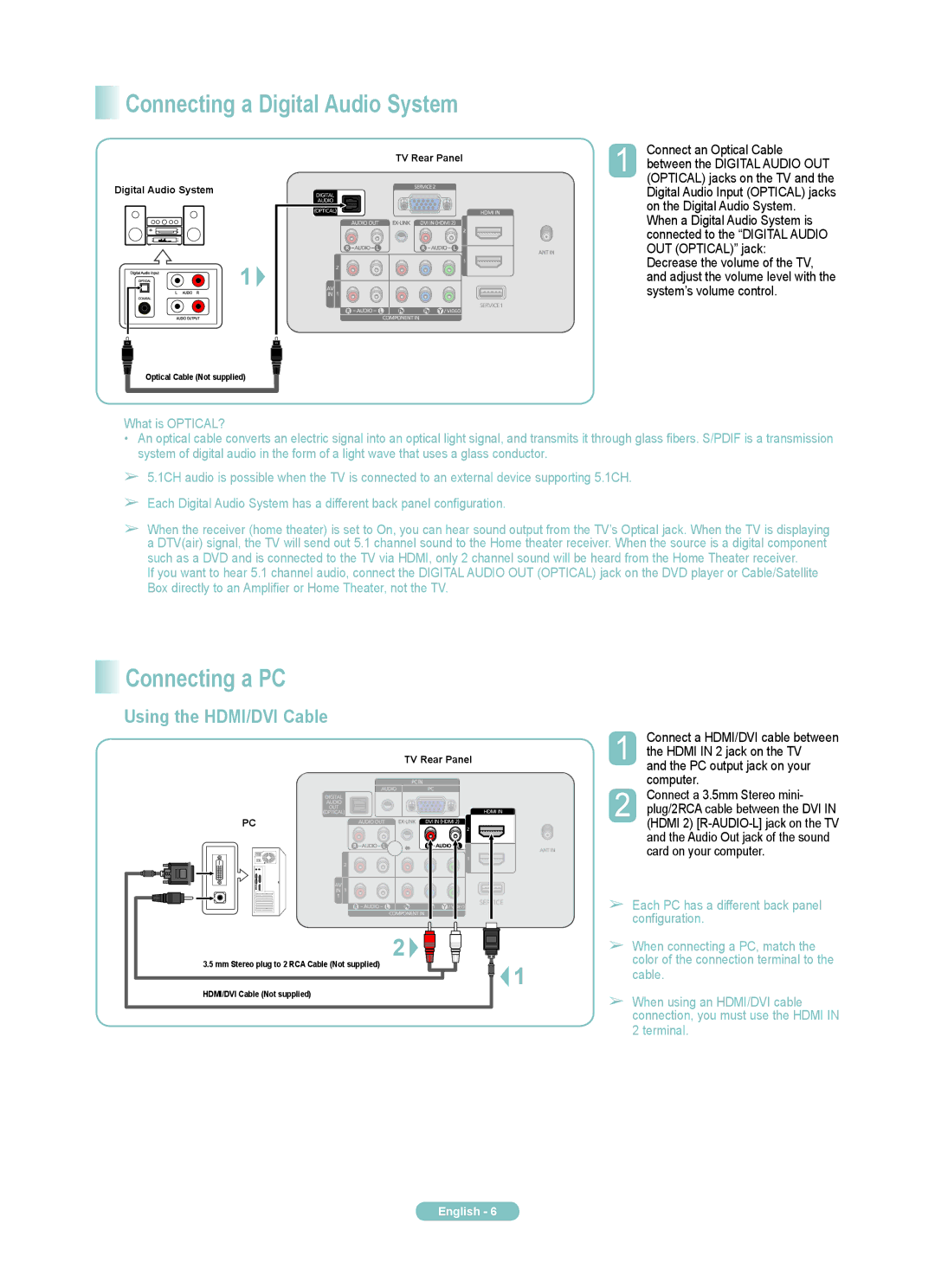 Samsung PN50A510P3F manual Connecting a Digital Audio System, Connecting a PC, Using the HDMI/DVI Cable 