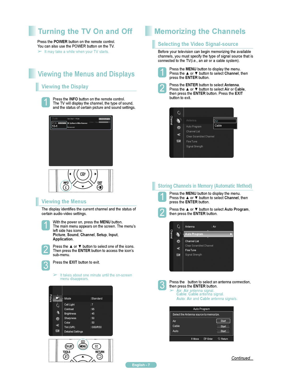 Samsung PN50A510P3F manual Turning the TV On and Off, Memorizing the Channels, Viewing the Display, Viewing the Menus 