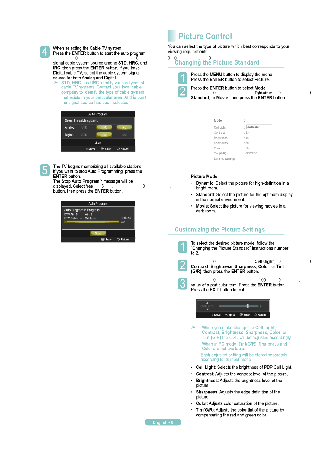 Samsung PN50A510P3F manual Picture Control, Changing the Picture Standard, Customizing the Picture Settings, Picture Mode 