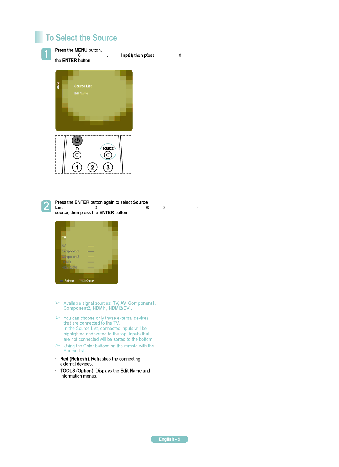 Samsung PN50A510P3F manual To Select the Source, Source, then press the Enter button 