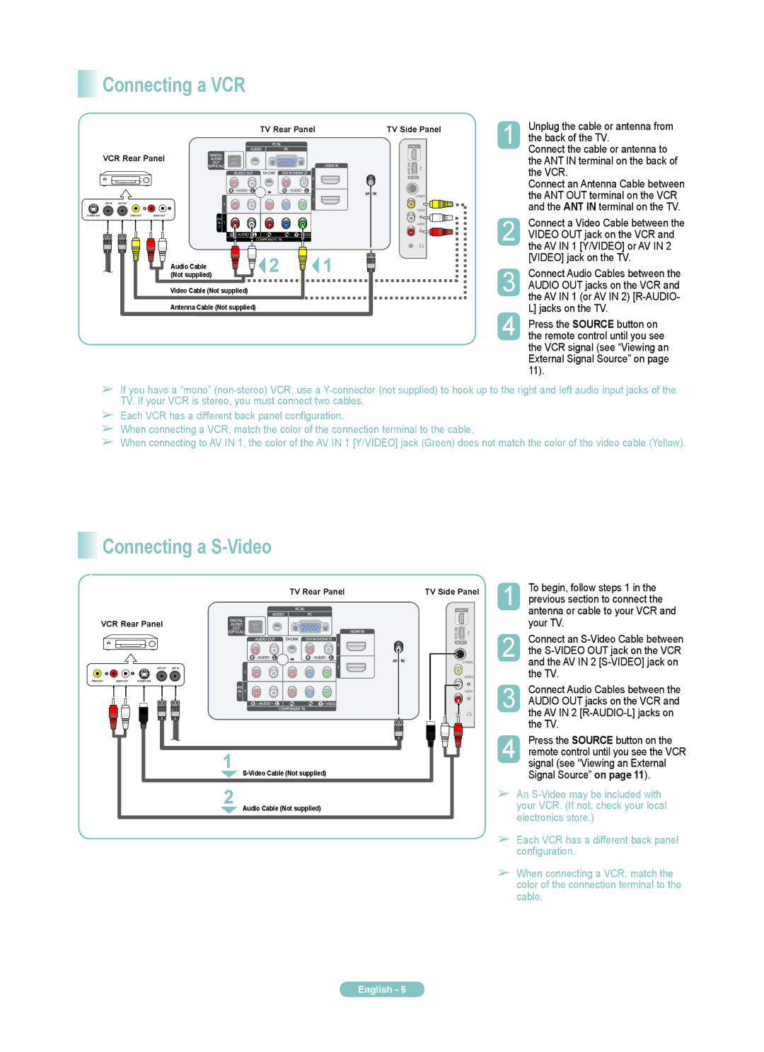 Samsung PN50A550S1F, PN50A550SF, PN58A550SF, PN58A550S1F manual Connecting a VCR, Connecting a S-Video 