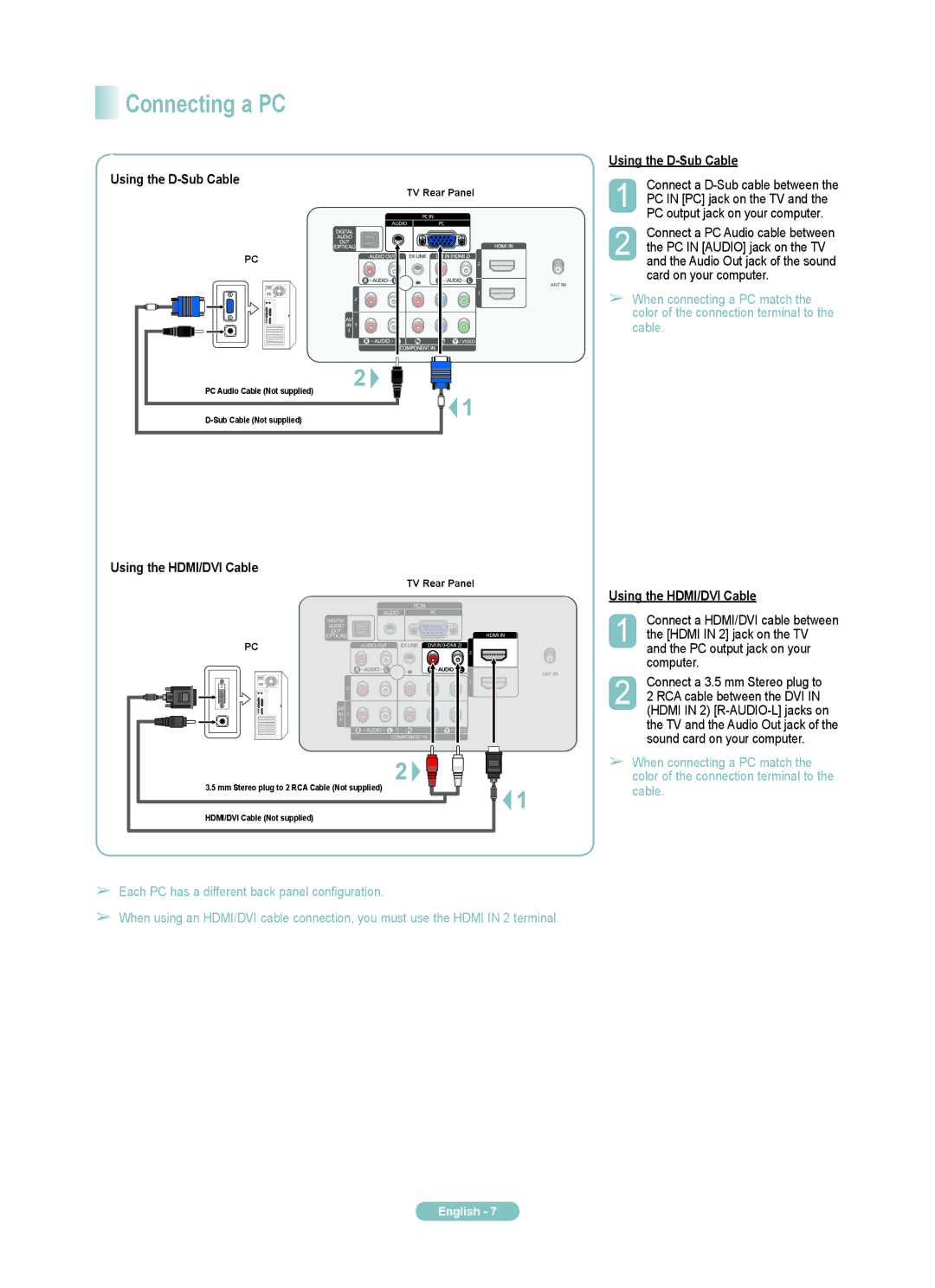 Samsung PN58A550S1F, PN50A550SF, PN50A550S1F, PN58A550SF Connecting a PC, Using the D-Sub Cable, Using the HDMI/DVI Cable 