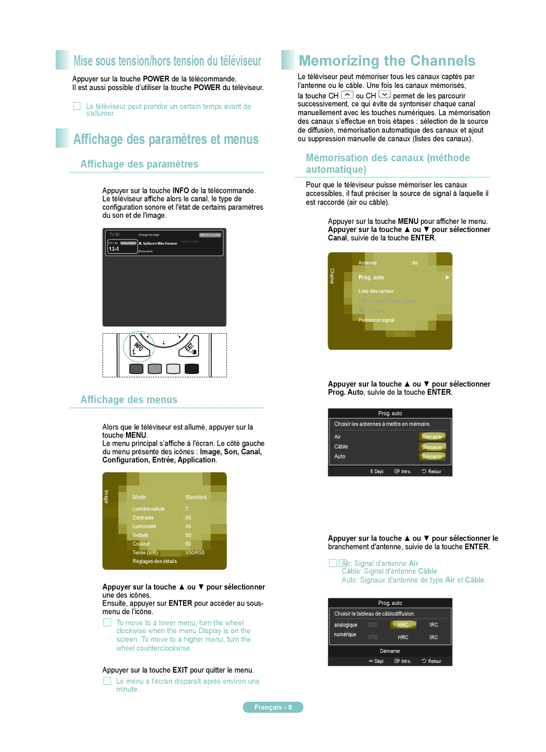 Samsung PN50A650TF Affichage des paramètres, Mémorisation des canaux méthode automatique, Affichage des menus, Minute 