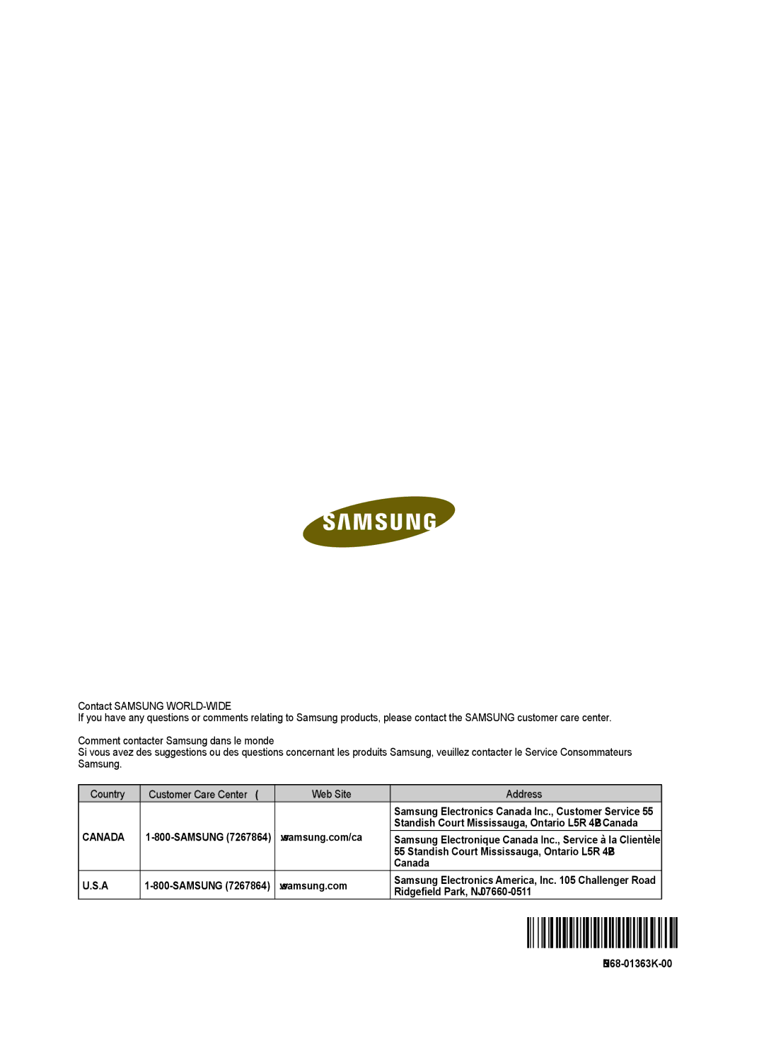 Samsung PN50A650TF, PN58A650TF manual Standish Court Mississauga, Ontario L5R 4B2 Canada, BN68-01363K-00 