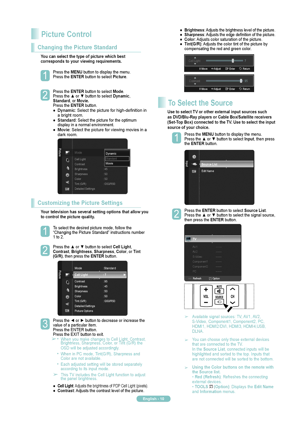 Samsung PN63A760TF Picture Control, To Select the Source, Changing the Picture Standard, Customizing the Picture Settings 