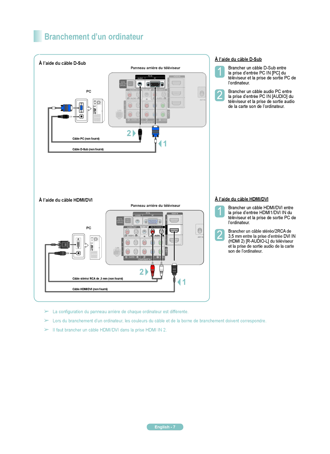 Samsung PN63A760TF, PN50A760TF, PN58A760TF Branchementd’unordinateur, l’aideducâbleD-Sub, l’aideducâbleHDMI/DVI 