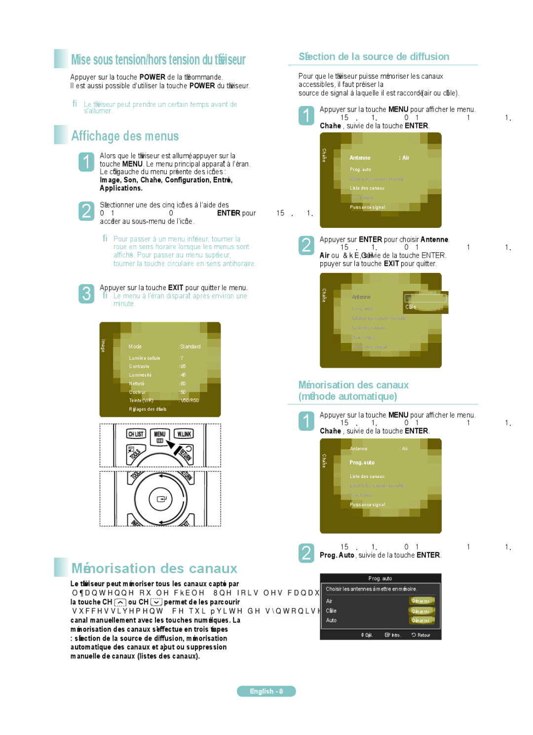 Samsung PN58A760TF, PN50A760TF manual Affichage des menus, Mémorisation des canaux, Sélection de la source de diffusion 