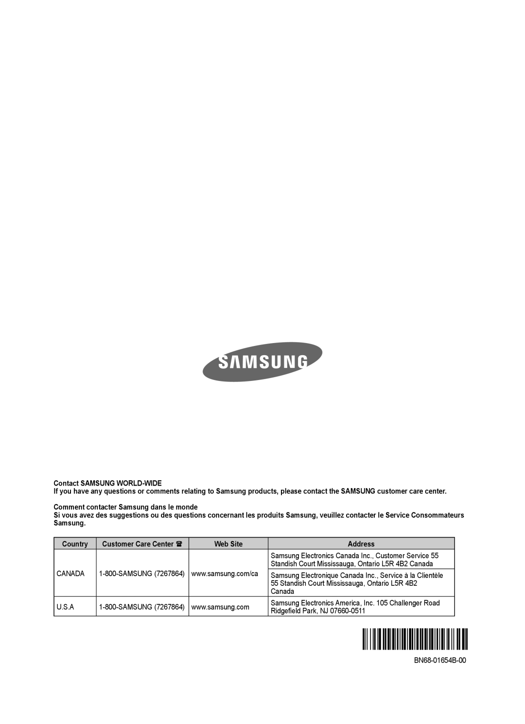 Samsung PN50A760TF, PN63A760TF, PN58A760TF manual Standish Court Mississauga, Ontario L5R 4B2 Canada, BN68-01654B-00 