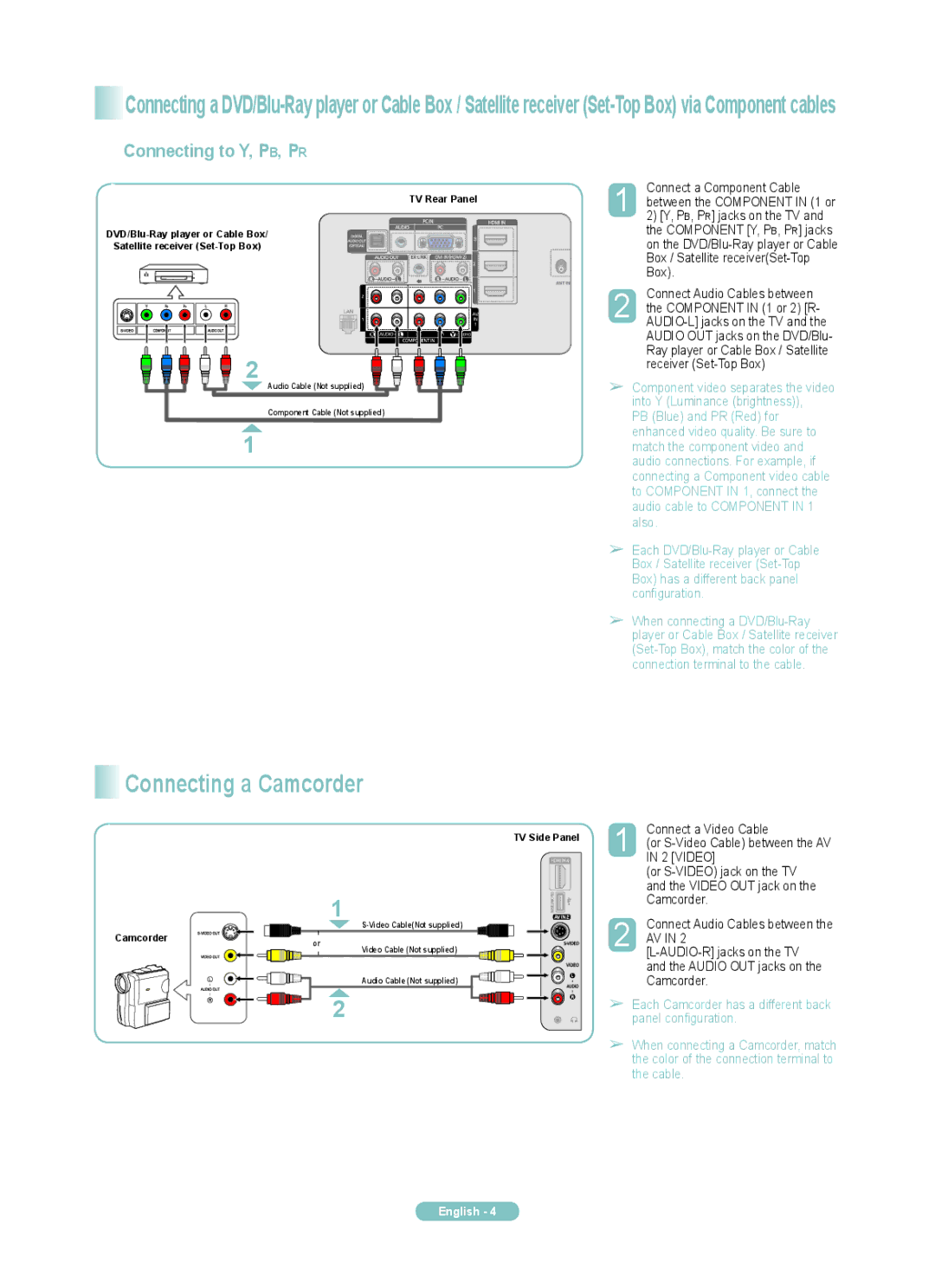 Samsung PN63A760TF, PN50A760TF, PN58A760TF manual Connecting a Camcorder, Connecting to Y, PB, PR, Video 