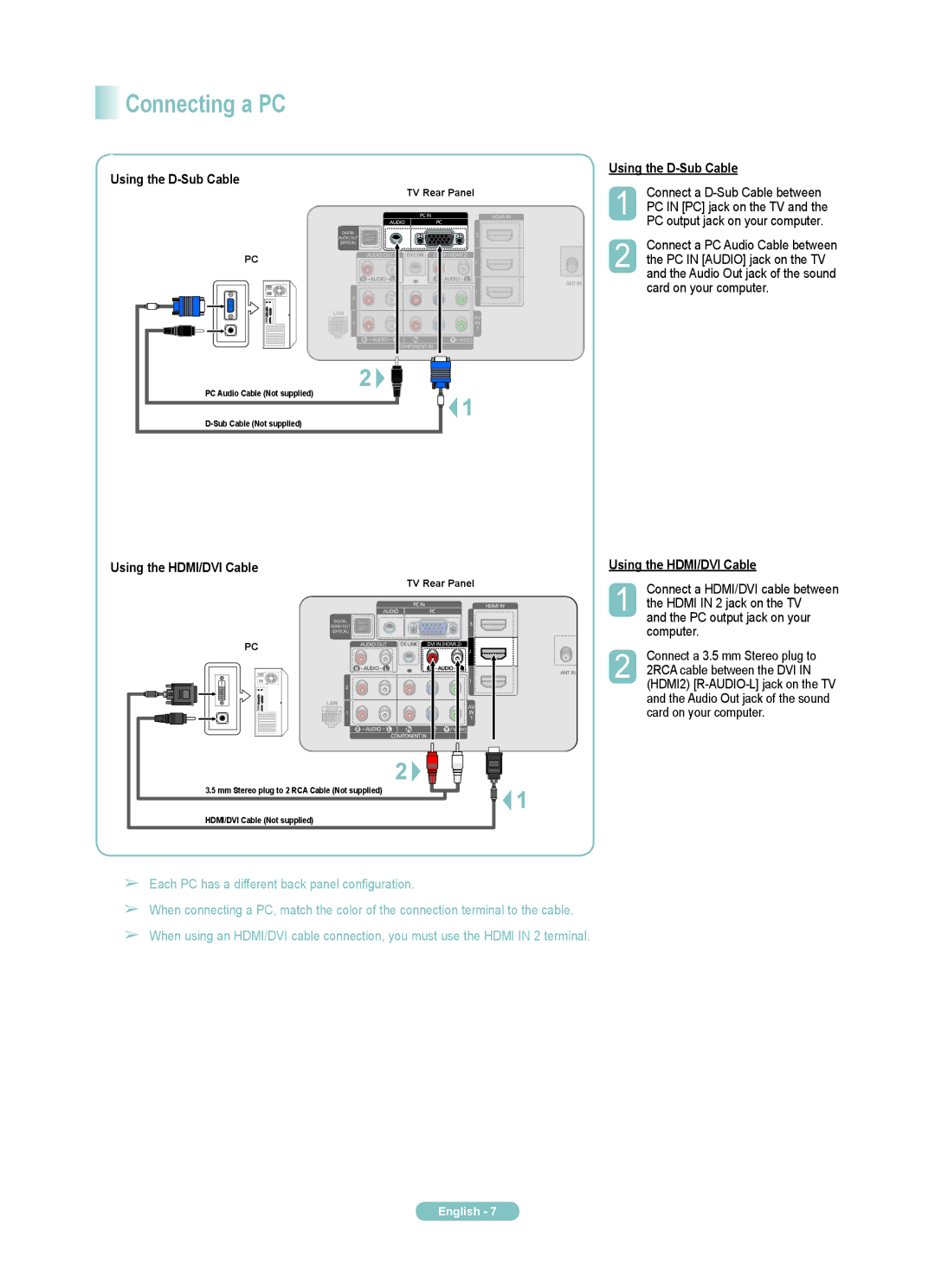 Samsung PN63A760TF, PN50A760TF, PN58A760TF manual Connecting a PC, Using the D-Sub Cable, Using the HDMI/DVI Cable 