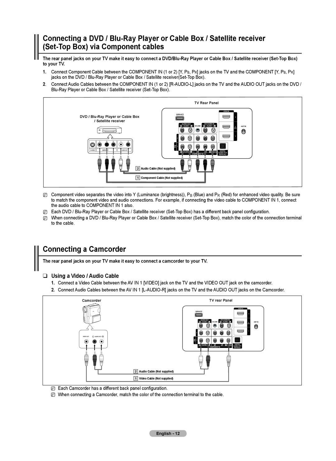 Samsung PN50B530S2F, PN5B50SF, PN58B530S2F user manual Connecting a Camcorder, Using a Video / Audio Cable 