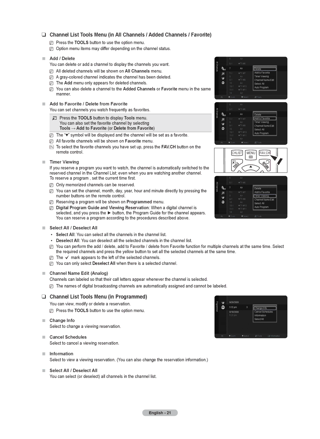 Samsung PN50B530S2F, PN5B50SF, PN58B530S2F user manual Channel List Tools Menu in Programmed 