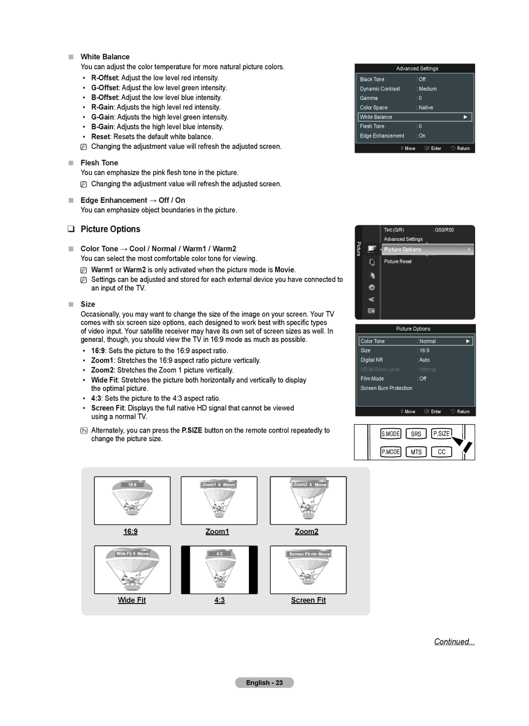 Samsung PN58B530S2F, PN50B530S2F, PN5B50SF user manual Picture Options 