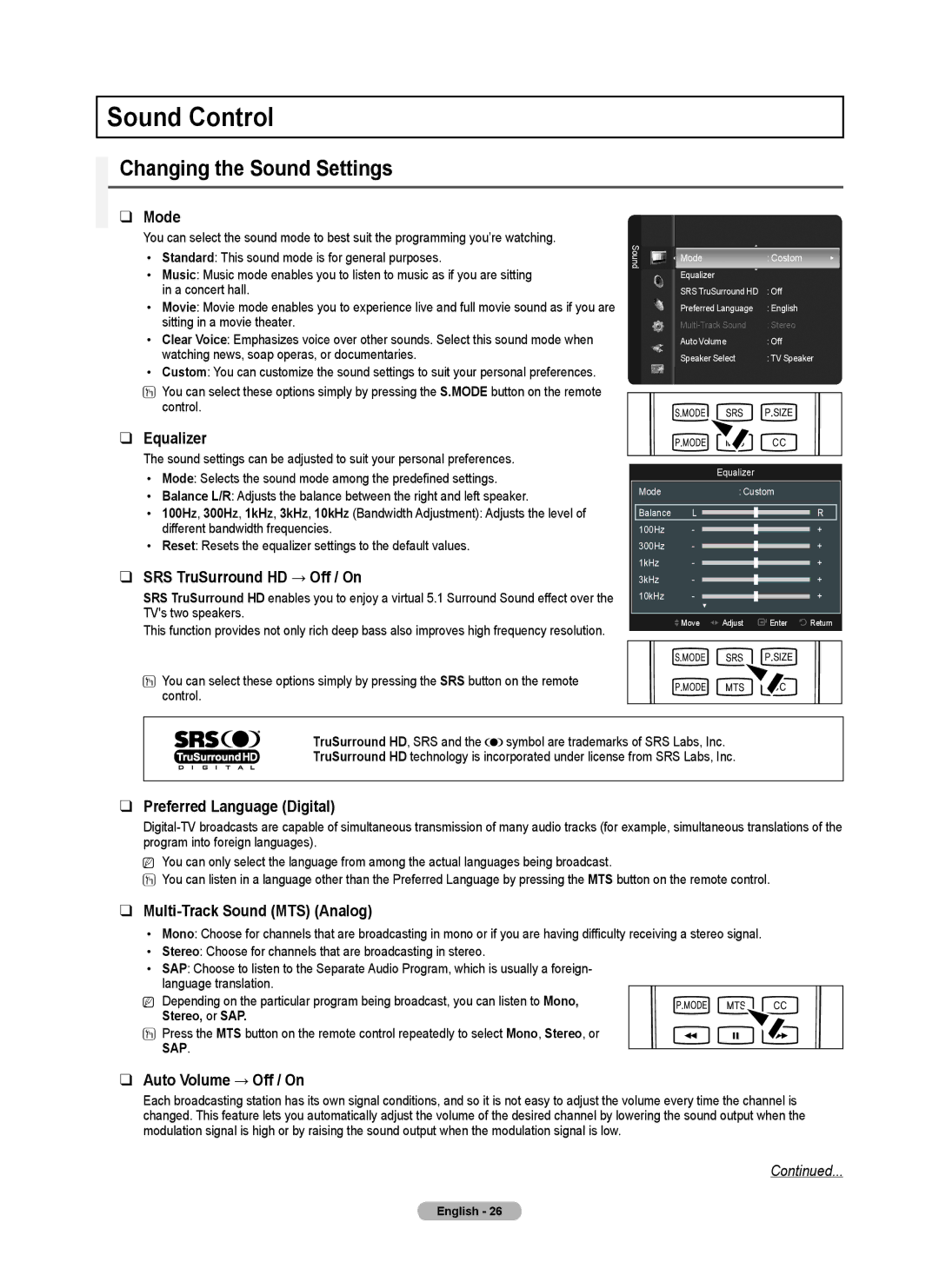 Samsung PN58B530S2F, PN50B530S2F, PN5B50SF user manual Sound Control, Changing the Sound Settings 