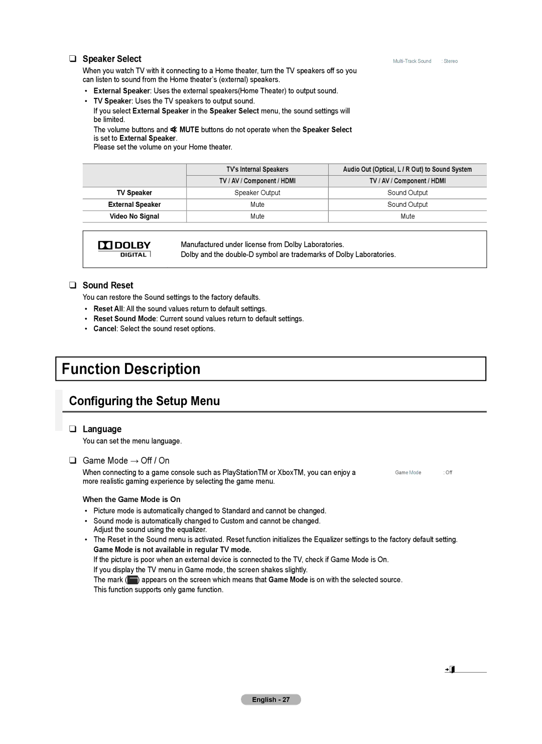 Samsung PN50B530S2F, PN5B50SF, PN58B530S2F Function Description, Configuring the Setup Menu, Sound Reset, Language 