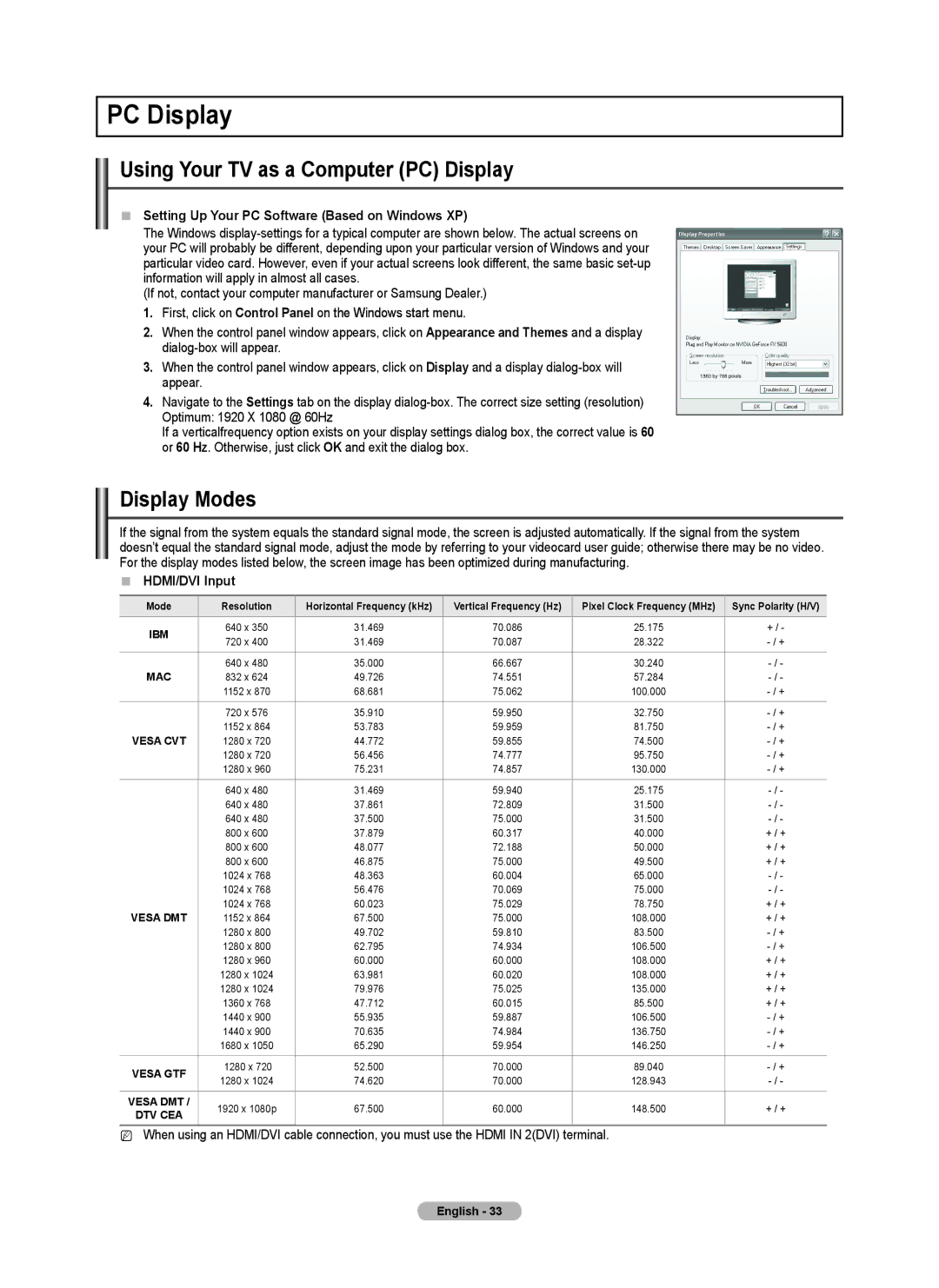 Samsung PN50B530S2F, PN5B50SF, PN58B530S2F user manual Using Your TV as a Computer PC Display, Display Modes 