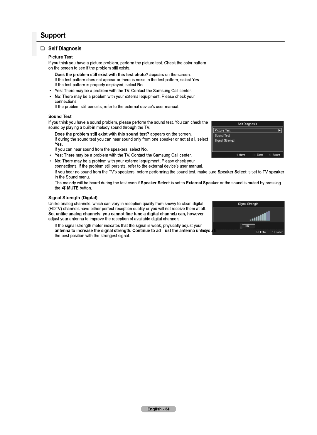 Samsung PN5B50SF, PN50B530S2F, PN58B530S2F Support, Self Diagnosis,  Picture Test,  Sound Test,  Signal Strength Digital 