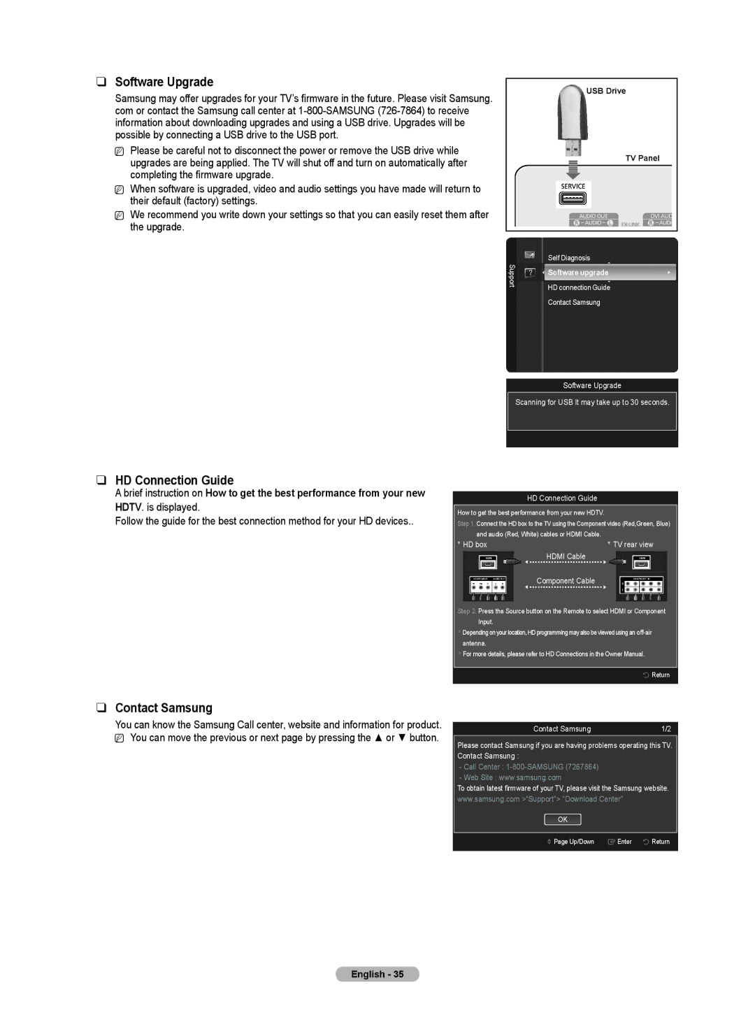 Samsung PN58B530S2F, PN50B530S2F, PN5B50SF Software Upgrade, HD Connection Guide, Contact Samsung, Software upgrade 