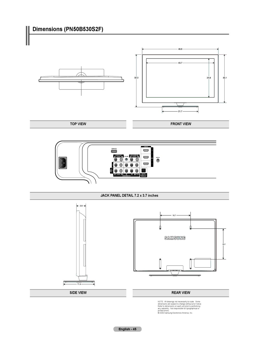 Samsung PN5B50SF, PN58B530S2F user manual Dimensions PN50B530S2F, Jack Panel Detail 7.2 x 3.7 inches 
