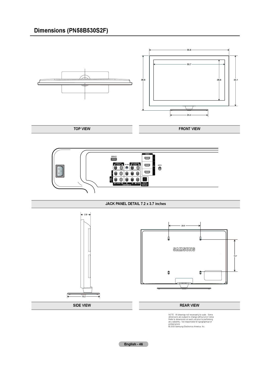 Samsung PN5B50SF, PN50B530S2F user manual Dimensions PN58B530S2F 